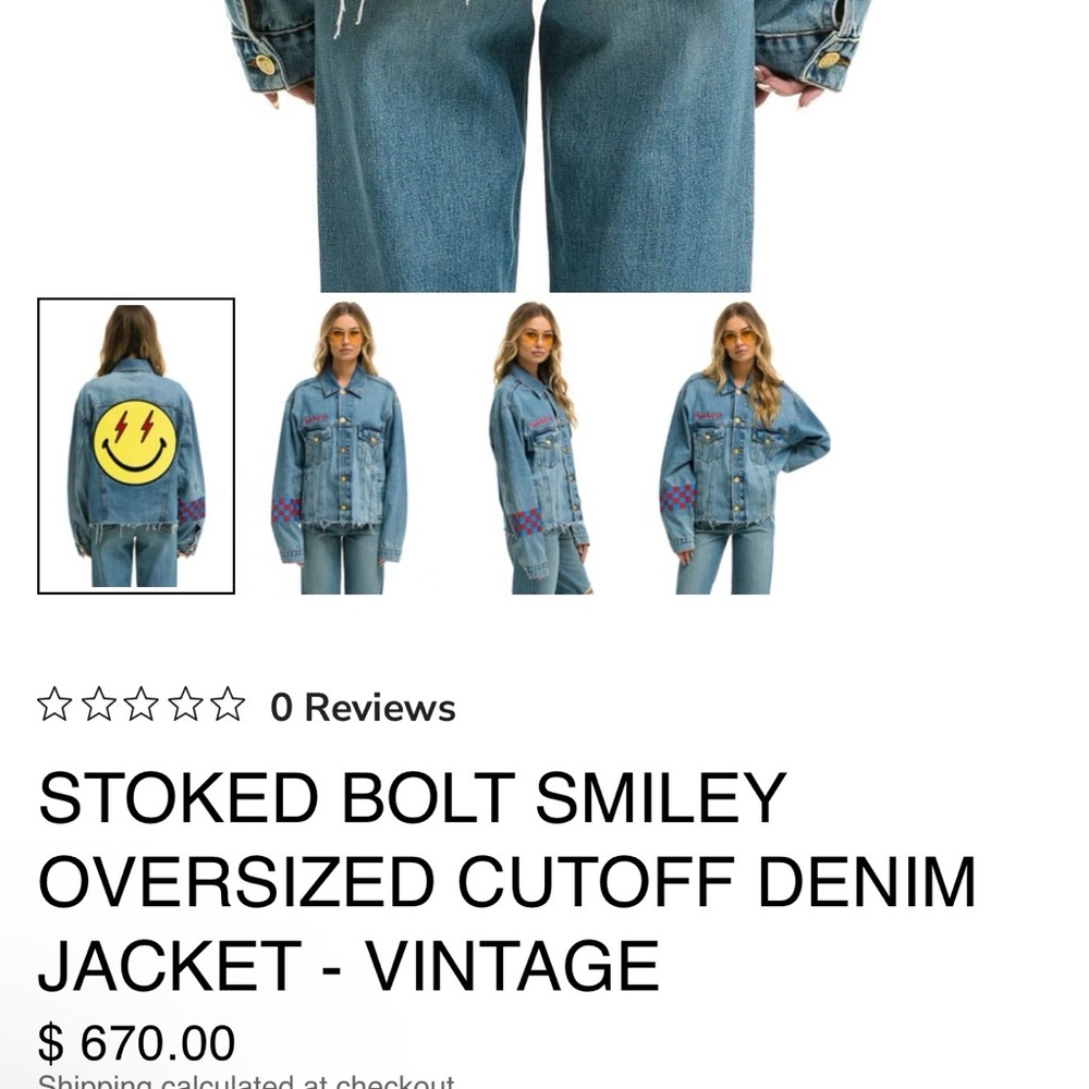 Aviator Nation Blue Denim Jacket with Yellow Smiley and Red Accents - Picture 5 of 5